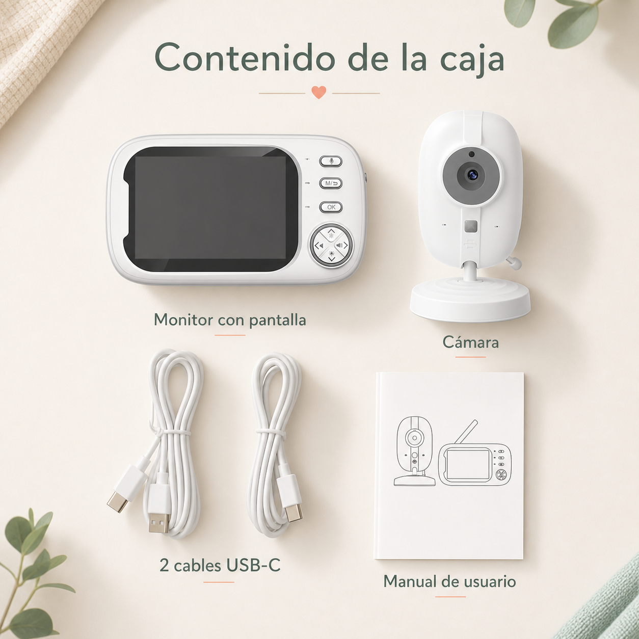 Contenido de la caja: monitor, cámara, dos cables USB-C y manual
