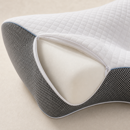 Detalle de la funda extraíble y el núcleo de la almohada cervical Galverin