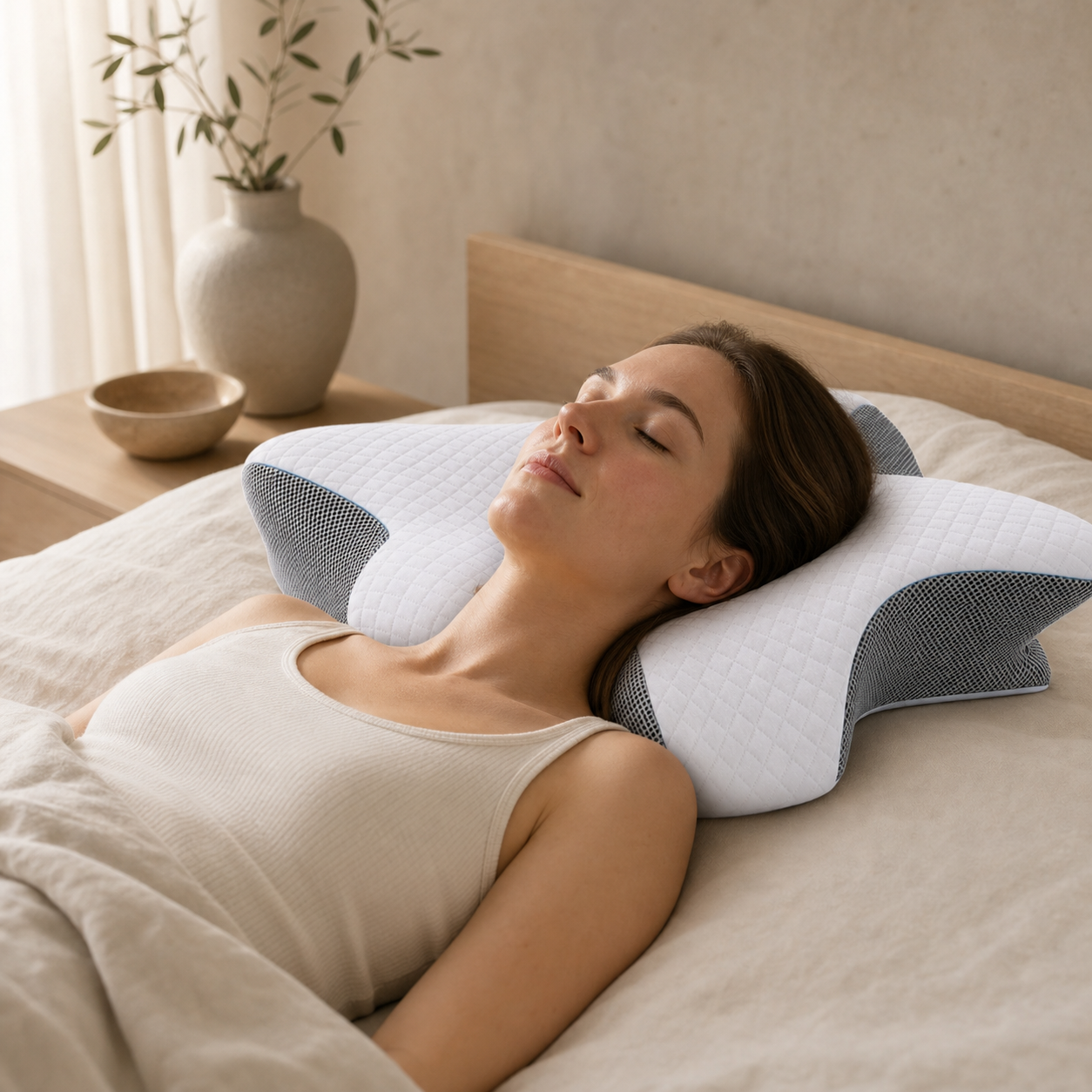 Almohada cervical viscoelástica Galverin en uso boca arriba