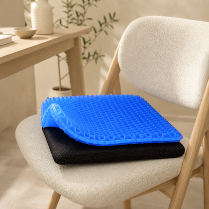 Cojín de gel azul con estructura de panal y funda negra Galverin
