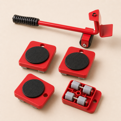 Detalle del kit rojo con una palanca y cuatro plataformas con ruedas