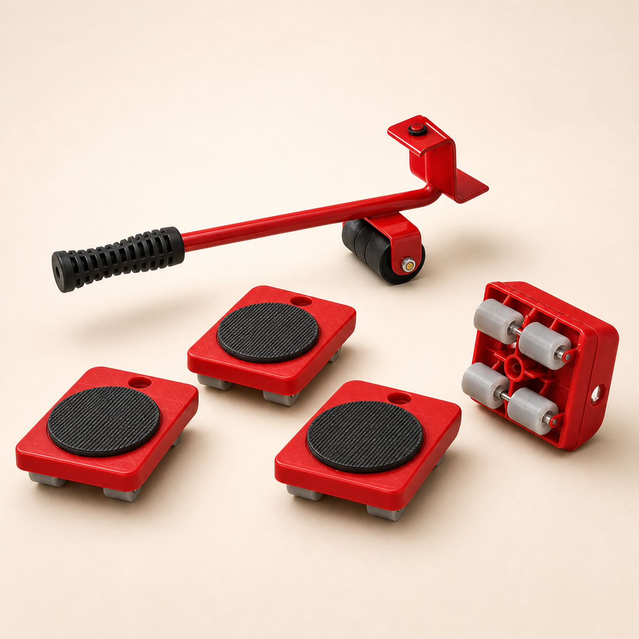 Kit rojo para mover muebles con una palanca y cuatro plataformas con ruedas
