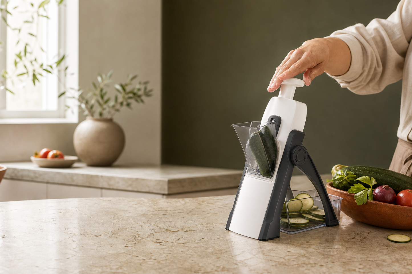 Mandolina vertical Slicer PRO Galverin en uso en una cocina