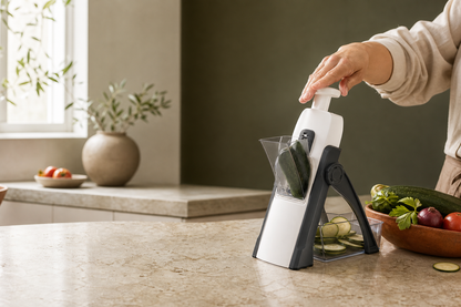 Mandolina vertical Slicer PRO Galverin en uso en una cocina