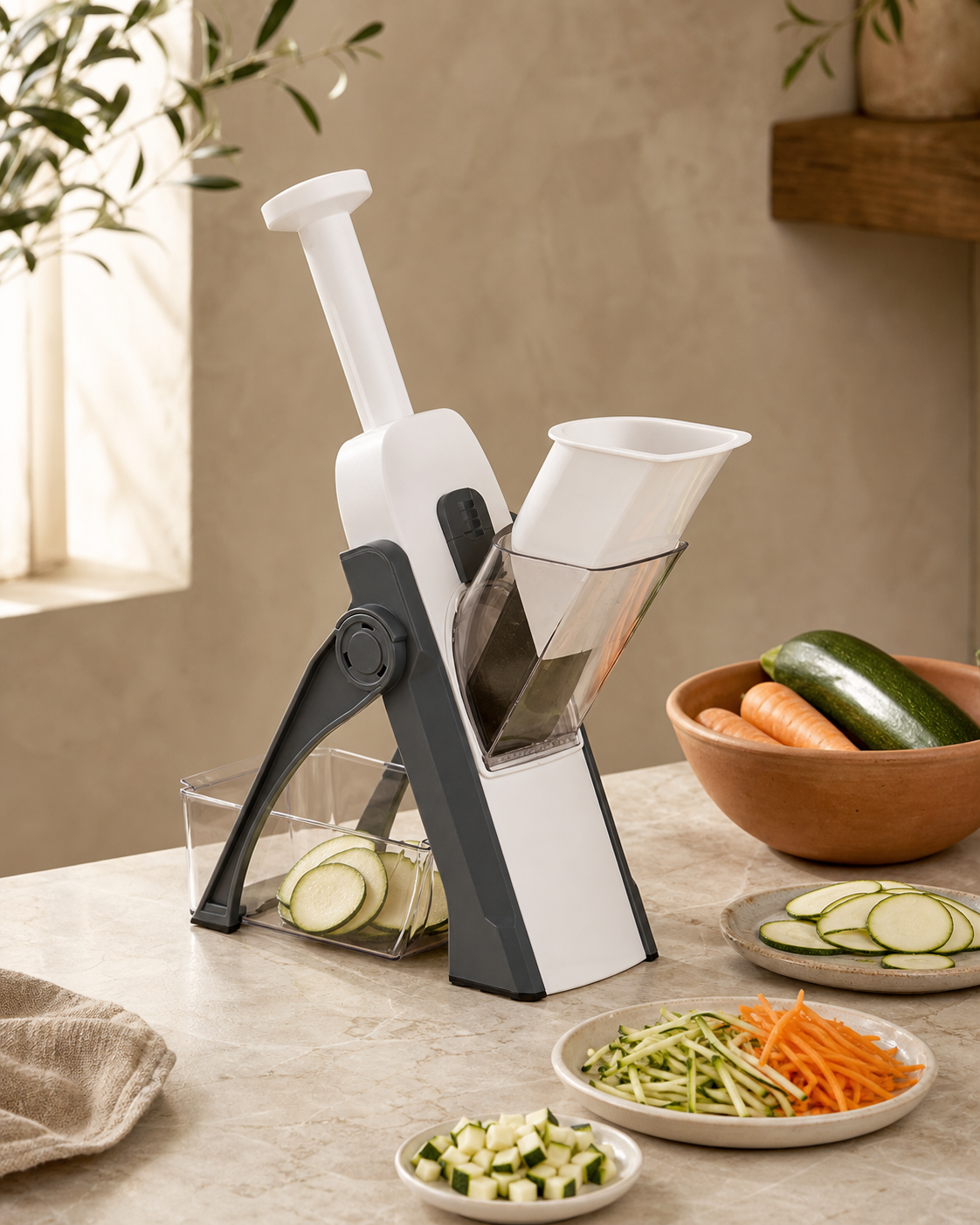Mandolina vertical Slicer PRO Galverin con varios cortes de verdura