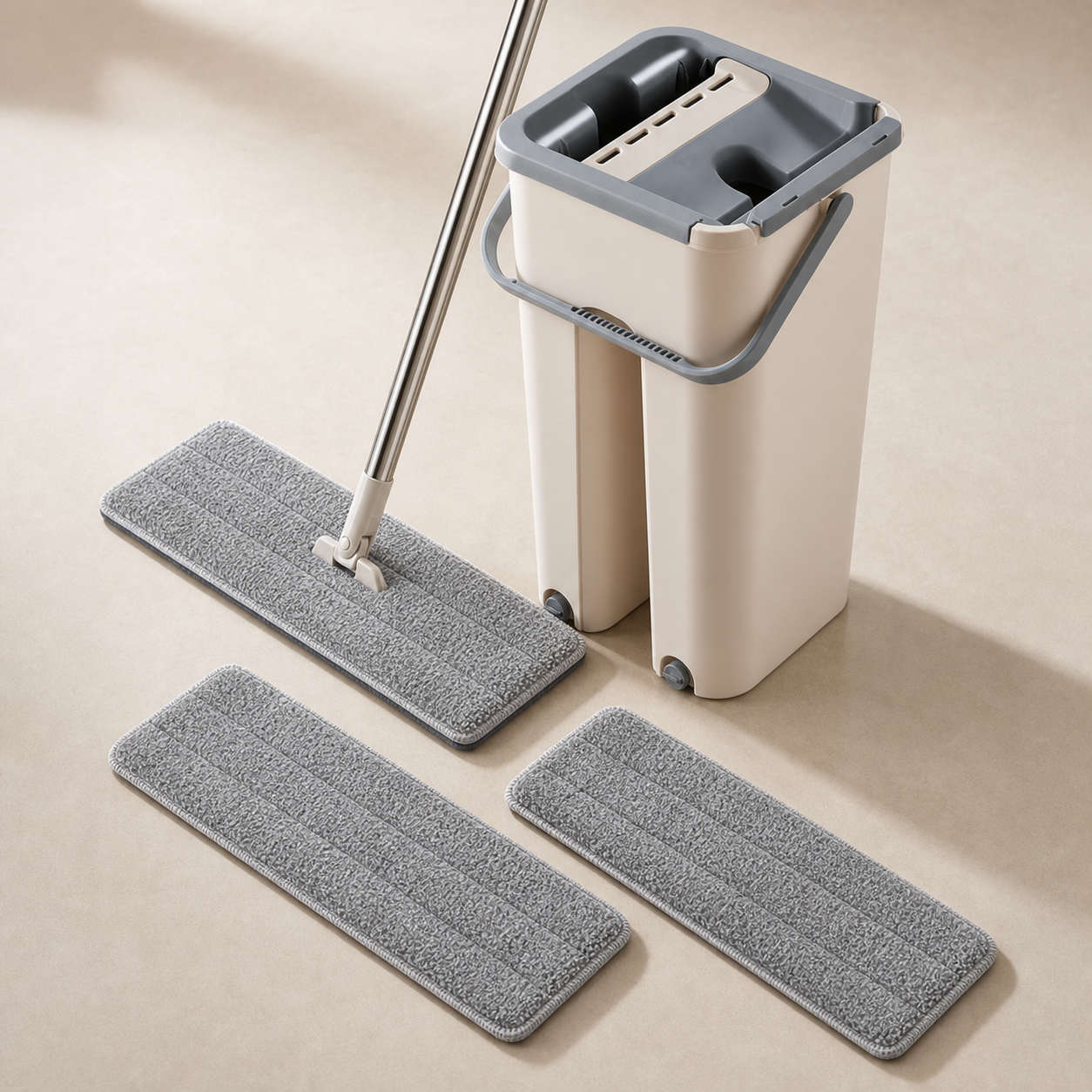 Contenido del pack de mopa con cubo y tres recambios de microfibra