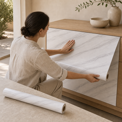 Aplicación de un rollo autoadhesivo efecto mármol sobre un mueble