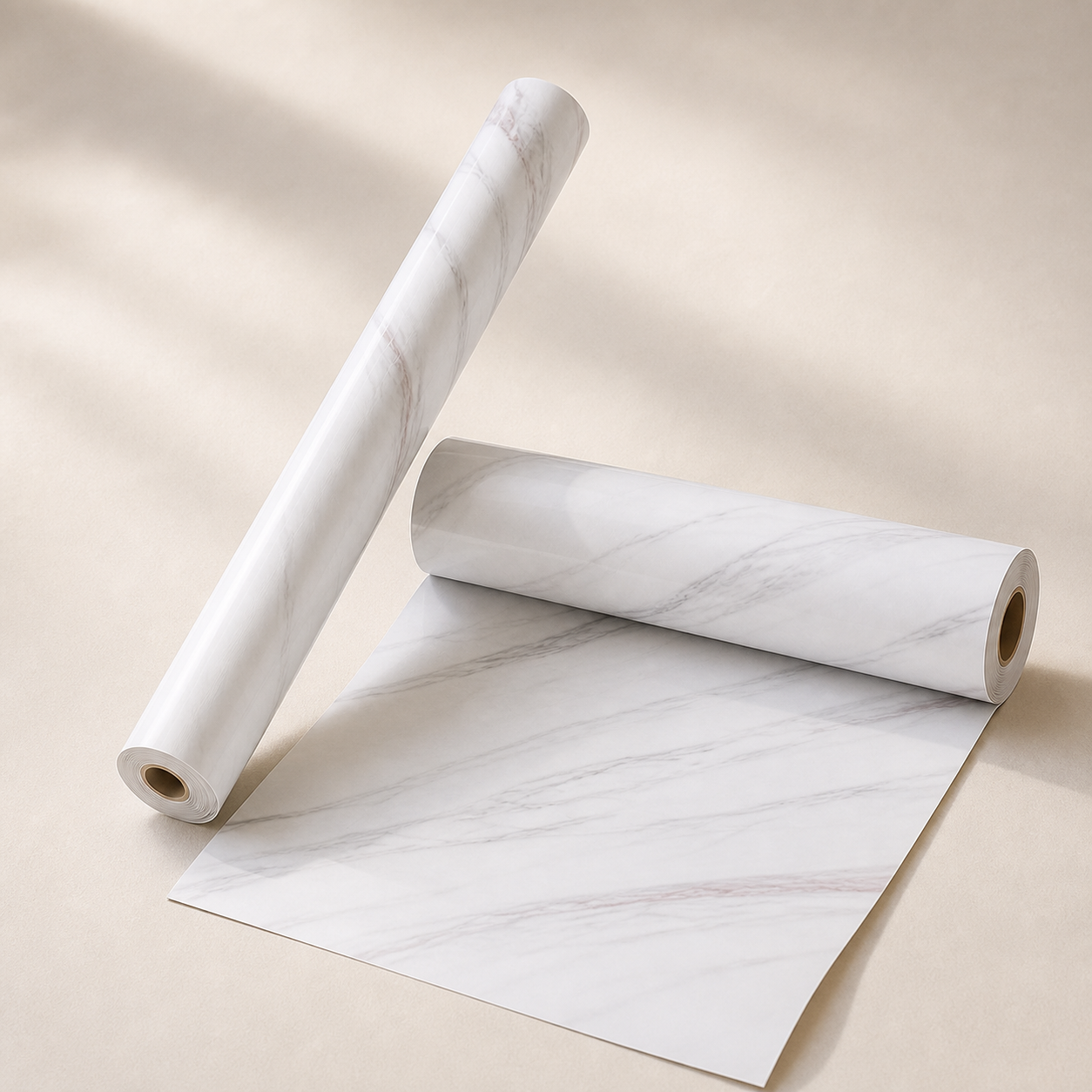 Dos rollos autoadhesivos blancos con efecto mármol en estudio