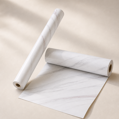 Dos rollos autoadhesivos blancos con efecto mármol en estudio