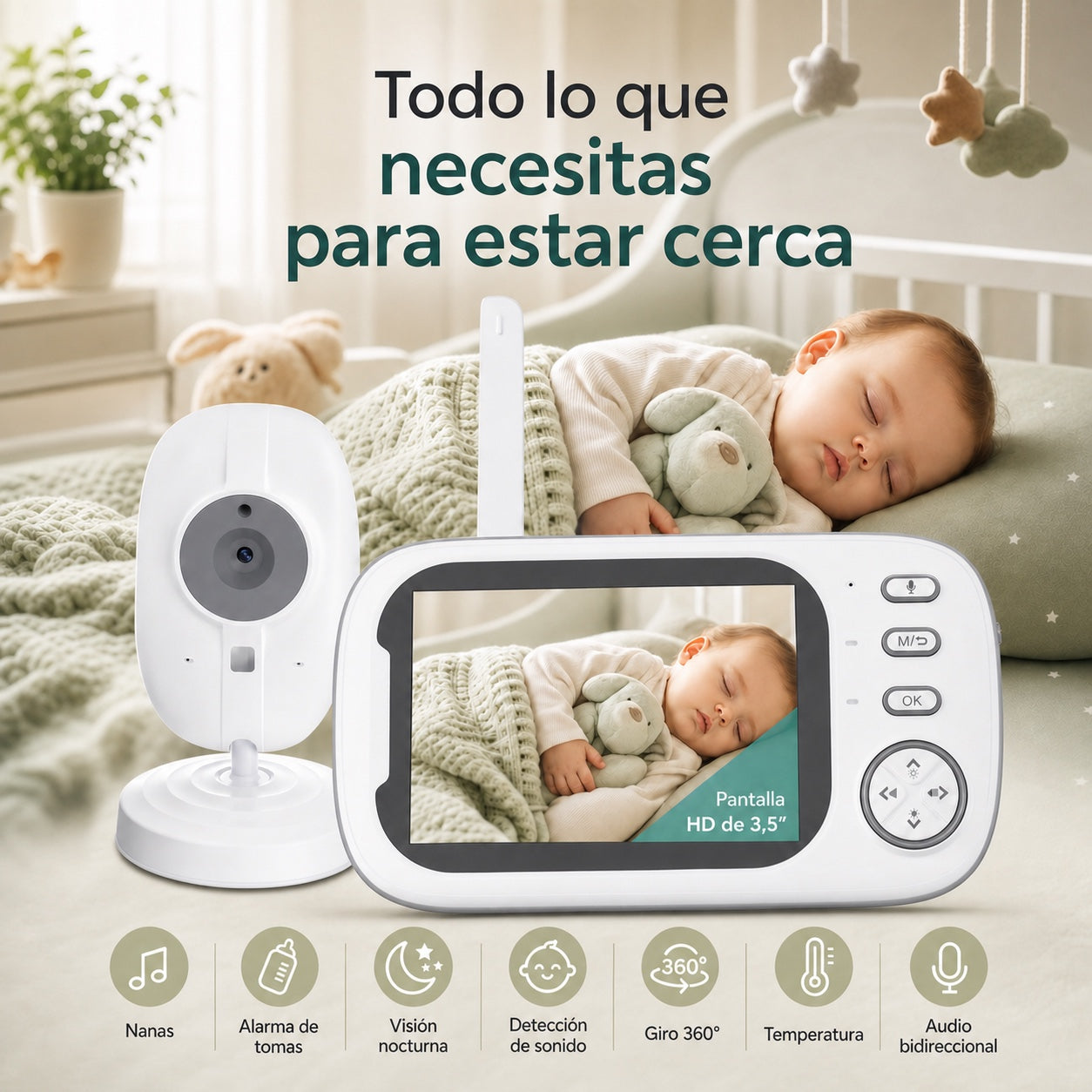 Vigilabebés HD Galverin con cámara, pantalla de 3,5 pulgadas y funciones principales