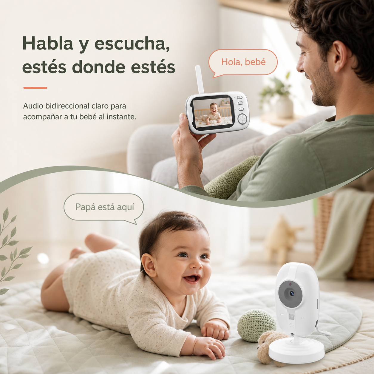 Padre hablando con su bebé mediante el audio bidireccional del vigilabebés