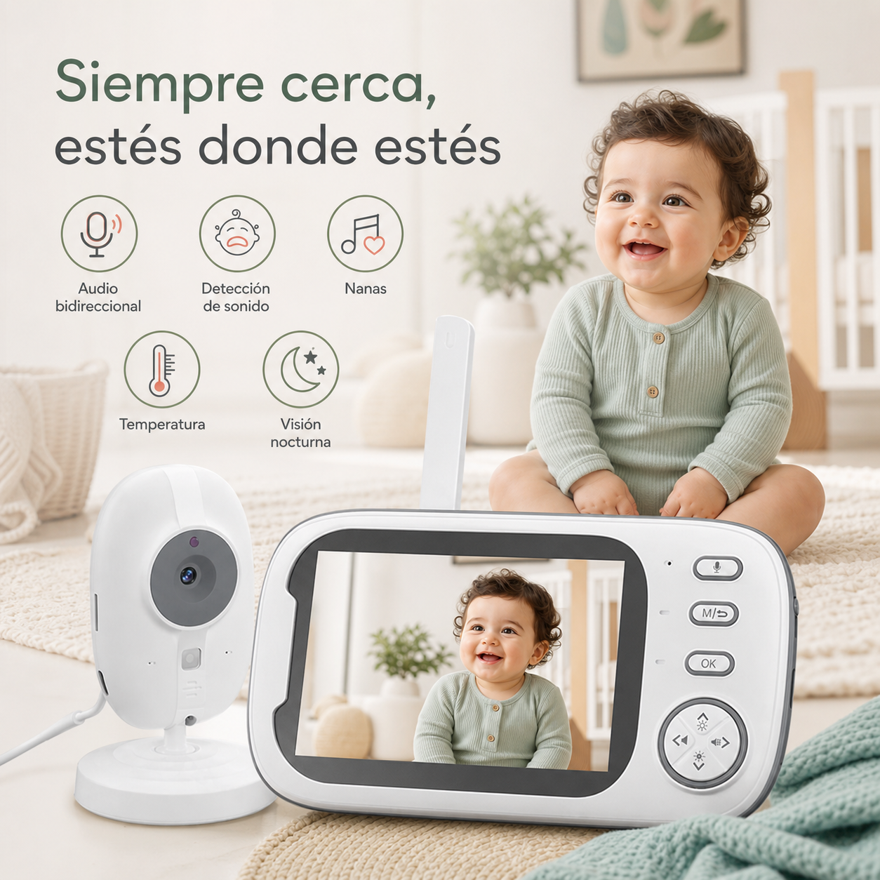 Funciones del vigilabebés: audio bidireccional, nanas, temperatura y visión nocturna