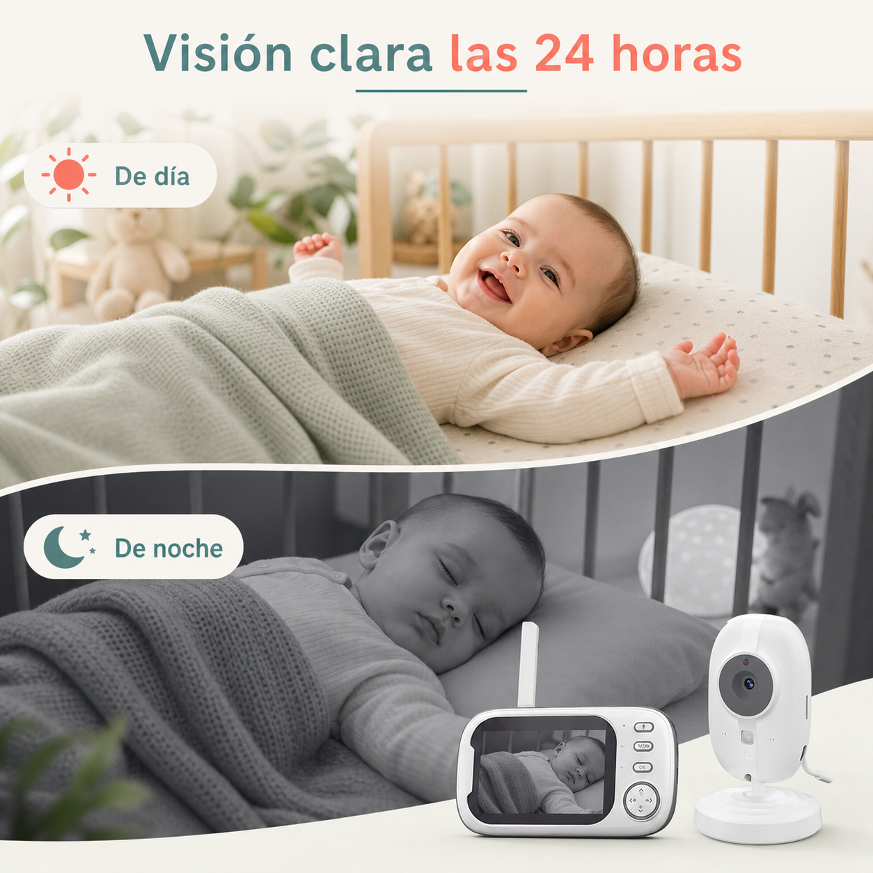 Comparación de la imagen del vigilabebés de día y con visión nocturna